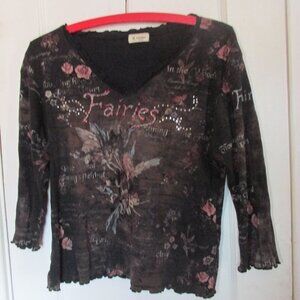 Cactus Fairies Tee Shirt Rhinestone Brown Pink Vee Neck Fairy Goth Floral